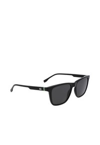 Ochelari de soare negri cu lentile rectangulare, având un cadru din plastic elegant, un accent verde pe braț și detalii cu logo-ul Lacoste.