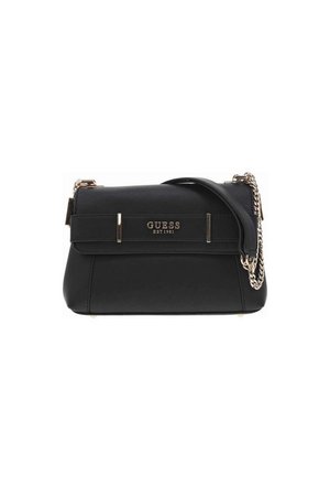Borsa a tracolla in ecopelle nera con logo dorato, caratterizzata da una tracolla a catena e un design strutturato con base piatta e manico superiore.
