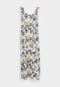 Robe maxi florale avec des bretelles froncées, couleur de base crème, motifs bleus et verts, tissu léger et silhouette fluide.