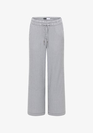 Locker sitzende, gekürzte Hosen mit dünnen vertikalen schwarz-weißen Streifen und einem verstellbaren Kordelzugbund.