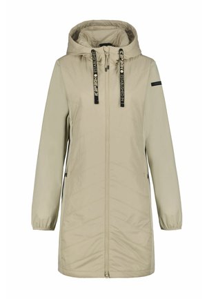 Beige pitkä hupullinen takki, jossa on täysipitkä etuvetoketju, mustat kiristysnauhat, joissa on merkintä "Icepeak", joustavat hihansuut ja sivutaskut vetoketjuilla.