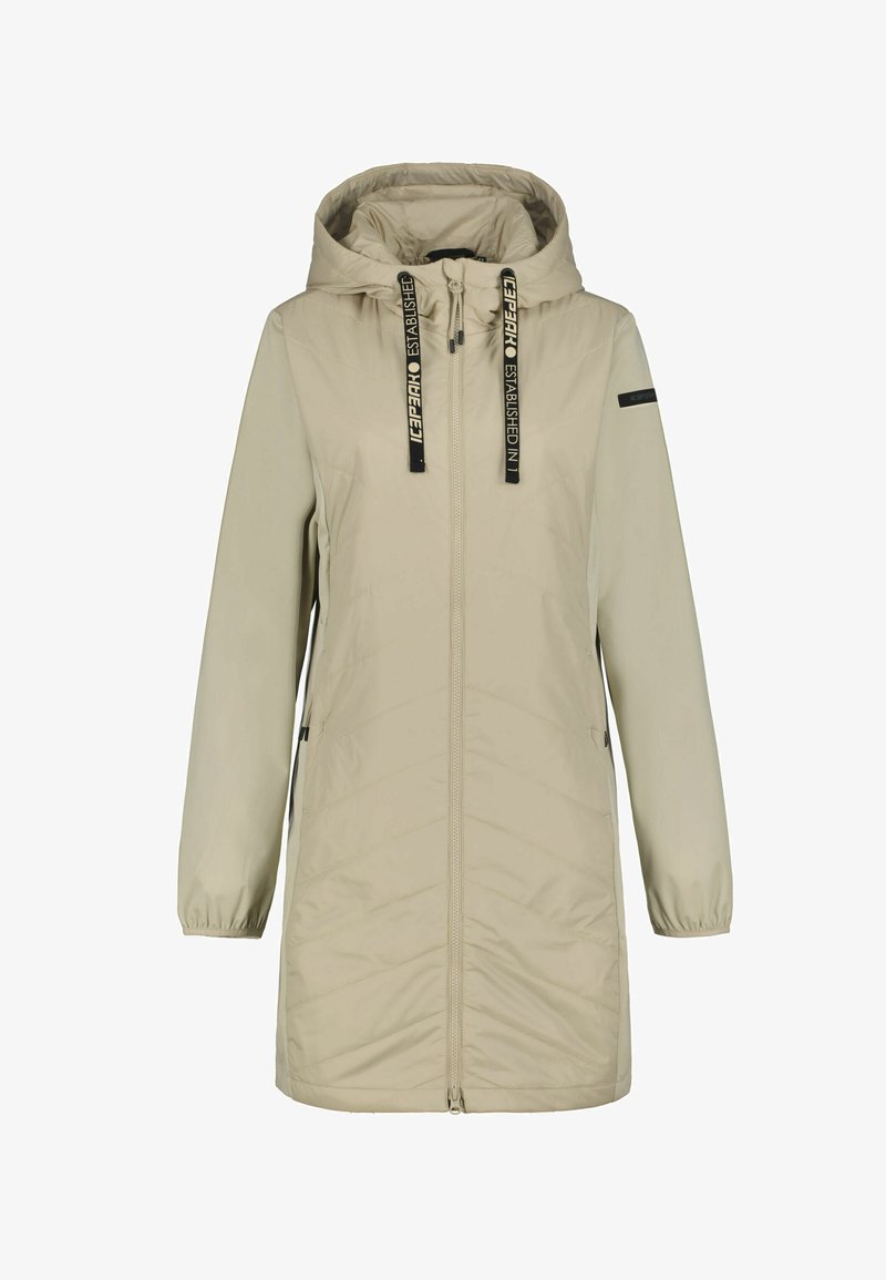 Beige, lange Kapuzenjacke mit durchgehendem Reißverschluss vorne, schwarzen Kordeln mit der Aufschrift "Icepeak", elastischen Bündchen und seitlichen Reißverschlusstaschen.