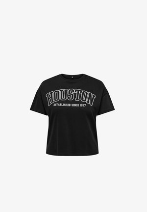 Svart bomull t-skjorte med rund hals og korte ermer. Har hvit trykt tekst som sier "HOUSTON" og "ETABLERT SIDEN 1837."