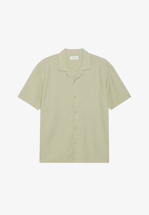 Short-sleeve, collared shirt in light green textured fabric, featuring a button closure and small grid pattern.