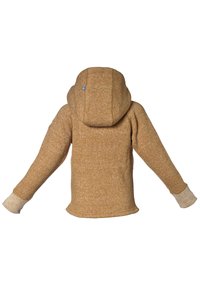 Brun, texturerad huva jacka med en figurnära design, som har ljusa muddar och en liten flaggaccents på huvan.