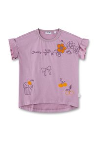 Pink cotton t-shirt with short ruffled sleeves. Features embroidered flowers, a cupcake, and cherries in orange and purple. Round neckline.