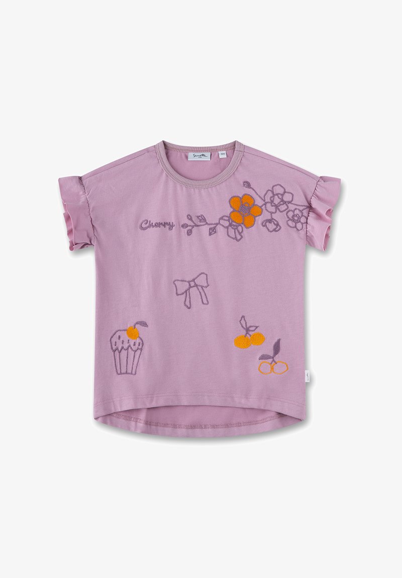 Pink cotton t-shirt with short ruffled sleeves. Features embroidered flowers, a cupcake, and cherries in orange and purple. Round neckline.
