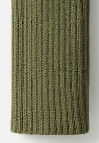 Olive green ribbed knit fabric, soft texture, with vertical lines. Positioned flat, showcasing the fabric's thickness and color depth.