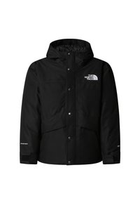 Černá izolovaná bunda s kapucí, zapínáním na patentní knoflíky, dvěma předními kapsami a značkovým logem na hrudi. Hladká textura, ochranný design.