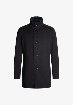 Zwarte jas met een hoge kraag, vijf knopen aan de voorkant, twee zijzakken en een gladde, strakke stoftextuur.