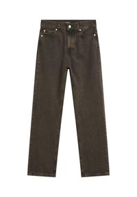 Mörkbruna raka jeans i denim, med en klassisk femficksdesign, metallbeslag och synliga sömdetaljer.