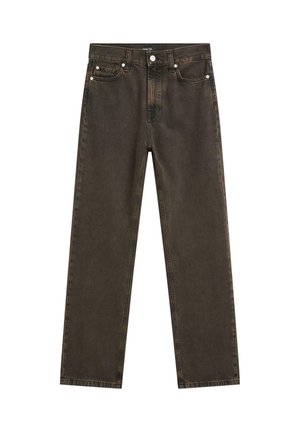 Jeans dritti di colore marrone scuro in denim, caratterizzati da un classico design a cinque tasche, accessori in metallo e dettagli di cucitura visibili.