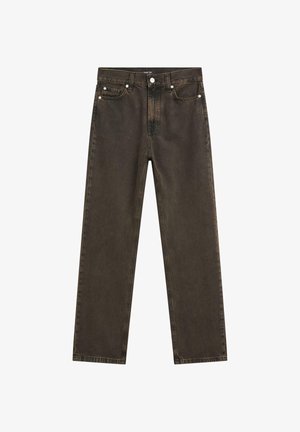 Mørkebrune lige bukser lavet af denim, med et klassisk fem-lomme design, metalhardware og synlige syningsdetaljer.