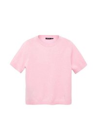 Kortärmad rosa tröja i mjukt material, med rund halsringning och rak passform utan mönster eller detaljer.
