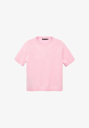 Vaate lyhythihaisessa vaaleanpunaisessa neuleessa, joka on valmistettu pehmeästä materiaalista. Neuleessa on pyöreä kaula-aukko ja suora leikkaus ilman kuvioita tai koristeita.