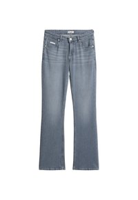 Grijze denim flared jeans met een taille op middenhoogte, voorzien van een klassiek ontwerp met vijf zakken en subtiele vervagingen langs de dijen en knieën.