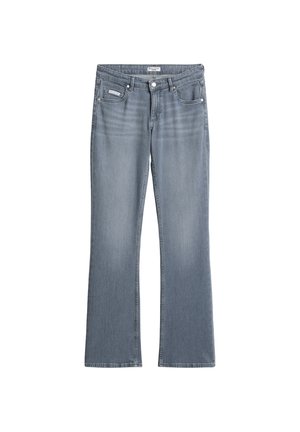 Szare dzwony z denimu o średnim stanie, z klasycznym pięciokieszeniowym krojem i subtelnym blaknięciem na udach i kolanach.