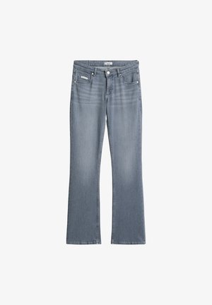 Grijze denim flared jeans met een taille op middenhoogte, voorzien van een klassiek ontwerp met vijf zakken en subtiele vervagingen langs de dijen en knieën.