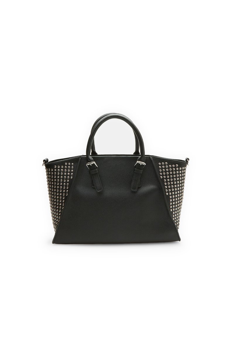 Borsa a tracolla in pelle nera con accenti di borchie sui lati, design strutturato, manici regolabili e finitura testurizzata.