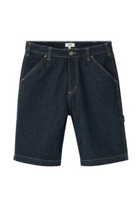 Shorts en denim bleu foncé avec des coutures visibles, cinq poches, fermeture à bouton et coupe régulière. Le matériau est robuste et texturé.