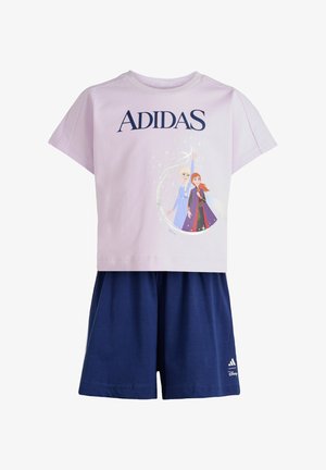 Light purple cotton t-shirt with "ADIDAS" text and a graphic of two Disney characters. Paired with dark blue cotton shorts featuring a white logo.
