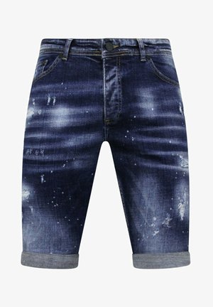 Donkere blauwe denim shorts met een vervaagde, verouderde afwerking. Heeft opgerolde zoomranden, standaardzakken en subtiele lichtere vlekken overal.