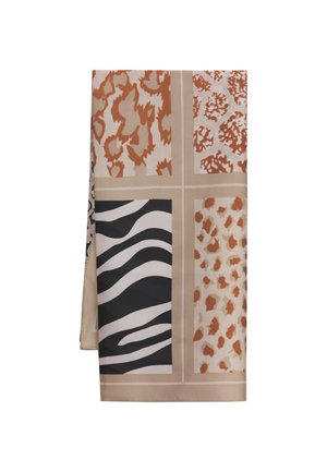 Halstørklæde med fire dyreprintpaneler i beige, sort og brune toner, herunder zebra- og leopardmønstre.