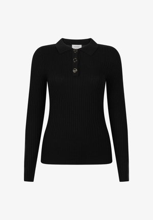 Zwarte geribbelde polo trui met lange mouwen en een kraag, drie decoratieve knopen en een aansluitende silhouet. Gemaakt van een rekbaar materiaal.