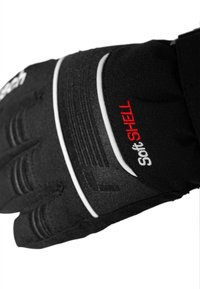 Schwarze Handschuhe aus Softshell-Material, mit weißen Akzenten und strukturierten Details an Handfläche und Fingern. Logo in Rot sichtbar.