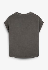 Grå, kortærmet, cropped T-shirt lavet af blødt bomuldsstof med rund halsudskæring og stikninger. Ingen synlige mønstre.