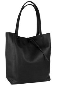 Zwarte leren tote bag met een gestructureerde afwerking, twee lange handvaten en een trekkoordsluiting aan de bovenkant. Ruim en zacht gestructureerd ontwerp.