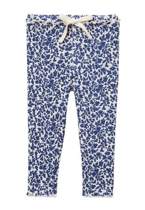 Leggings côtelés à motifs floraux blancs et bleus avec une taille élastique et un nœud de cordon beige à l'avant.