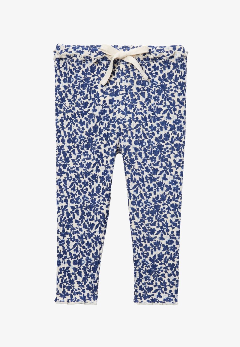 Leggings côtelés à motifs floraux blancs et bleus avec une taille élastique et un nœud de cordon beige à l'avant.