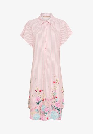 Lyserød stribet kjole med korte ærmer og knapfront, prydet med blomsterbroderi i lyserøde, blå og grønne nuancer ved kanten. Blødt stof, afslappet pasform.