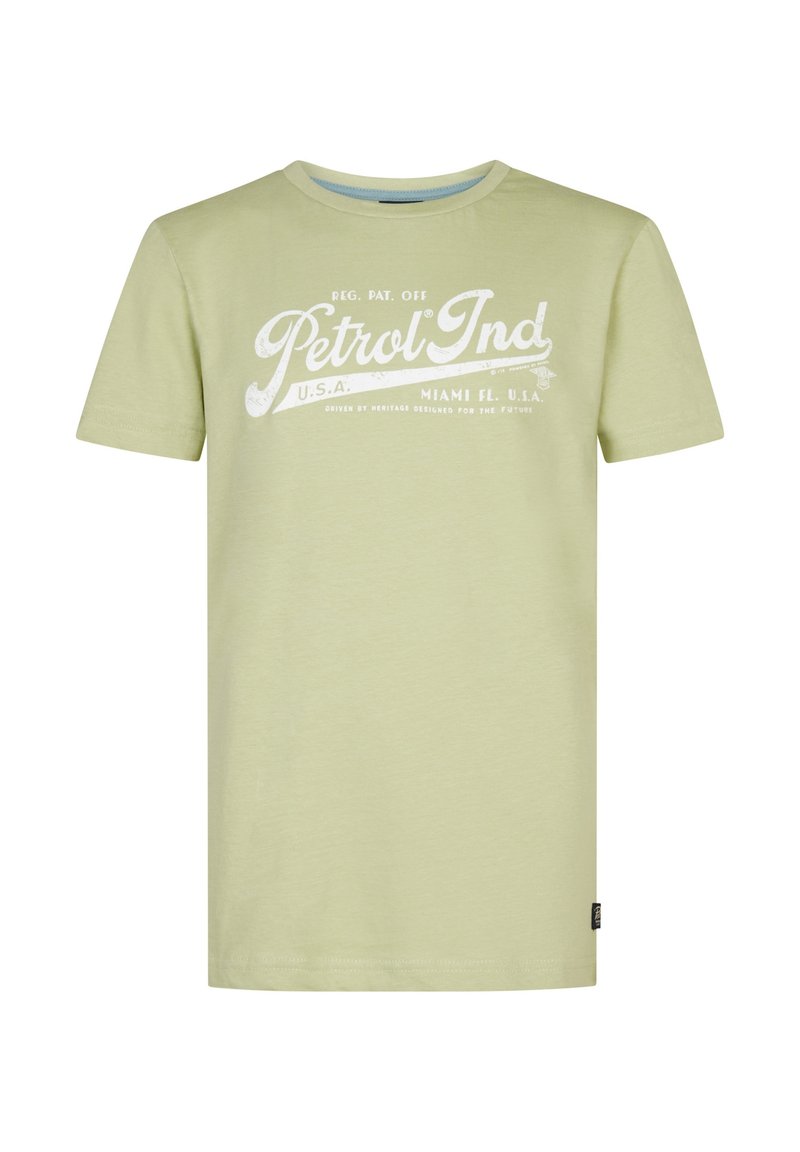 Lichtgroene T-shirt van katoen, met witte grafische tekst "Petrol Ind" en een ronde halslijn met korte mouwen.