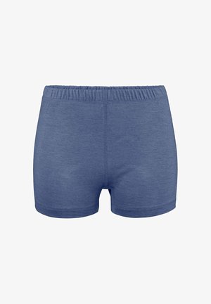 Blauwe katoenen boxers met een zachte textuur, elastische tailleband en geen zichtbare naden of patronen. Standaard ontwerp tot de heup.