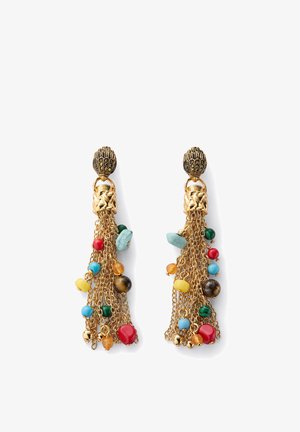 Boucles d'oreilles pendantes dorées avec plusieurs pampilles en chaîne et perles colorées en rouge, turquoise, jaune, vert et ambre.