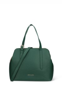 Sac à main en cuir vert texturé avec deux poignées et une bandoulière amovible. Accents de quincaillerie dorée et fermeture éclair.