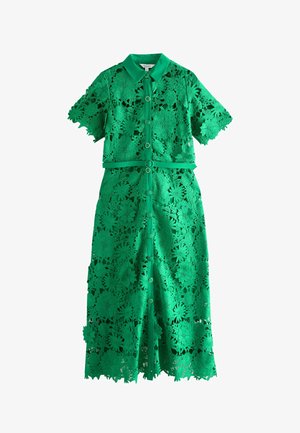 Green lace midi dress with floral cut-out pattern, short sleeves, button-down front, collared neckline, and matching belt at the waist.