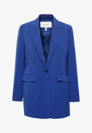 Blazer blu con rever a punte, chiusura a un bottone, due tasche frontali e foderato internamente in modo liscio. La texture è un tessuto lucido.