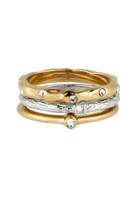 Set aus drei Ringen in Gold- und Silbertönen. Verfügt über strukturierte Oberflächen, kleine klare Edelsteine und unterschiedliche Breiten. Gezeichnet mit "925 Ag."