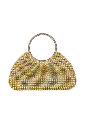 Arany hálós estélyi kézitáska nagy, kerek kristályokkal díszített fém fogóval, trapéz alakú szerkezettel és csillogó részletekkel.