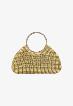 Plic de seară din plasă aurie, cu mâner metalic rotund mare, decorat cu cristale, formă trapezoidală structurată și detalii strălucitoare.