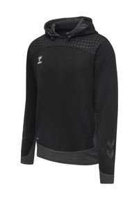 Zwarte sporthoodie met gestippeld patroon op de schouders, grijze boorden en zoom, merklogo op de borst en chevrons op de mouwen.