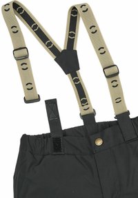 Mustat housut, joissa on säädettävät vaaleanruskeat henkselit mustalla graafisella kuviolla. Vyötäröllä metallinen nappi ja tarrakiinnitys.