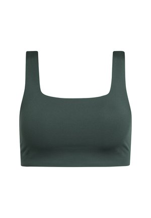 Donkergroene, mouwloze crop top met vierkante hals, brede schouderbanden en gladde stof.