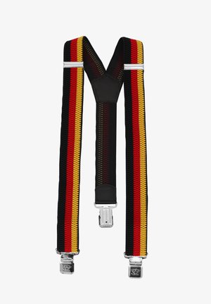 Elastic suspenders featuring black, red, and yellow stripes with metal clips for attachment. Textured fabric and a central leather patch.
