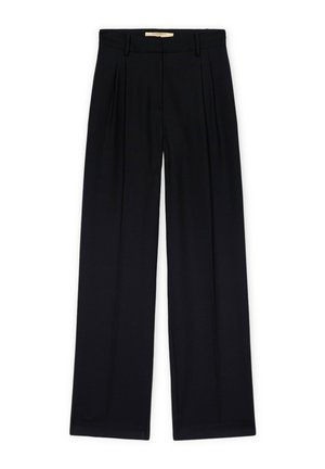 Schwarze, hoch taillierte Hose mit Gürtelschlaufen, vorderen Falten und breiten, geraden Beinen, dargestellt auf weißem Hintergrund.