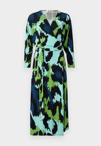 Šaty s překřížením v kombinaci černé, modré, zelené a světle modré abstraktní vzory. Mají dlouhé rukávy a vázaný pas. Hladká textura látky.