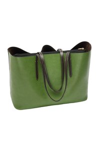 Zielona skórzana torba typu tote z ciemnobrązowymi akcentami, podwójnymi uchwytami i zamkiem błyskawicznym na górze. Gładka faktura z minimalną liczbą szwów i ukształtowaną formą.
